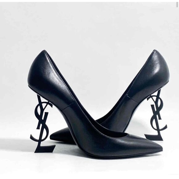 Saint Laurent Black Pointed Toe YSL Heel Design Stiletto Pumps Size 40 - Picture 3 of 7